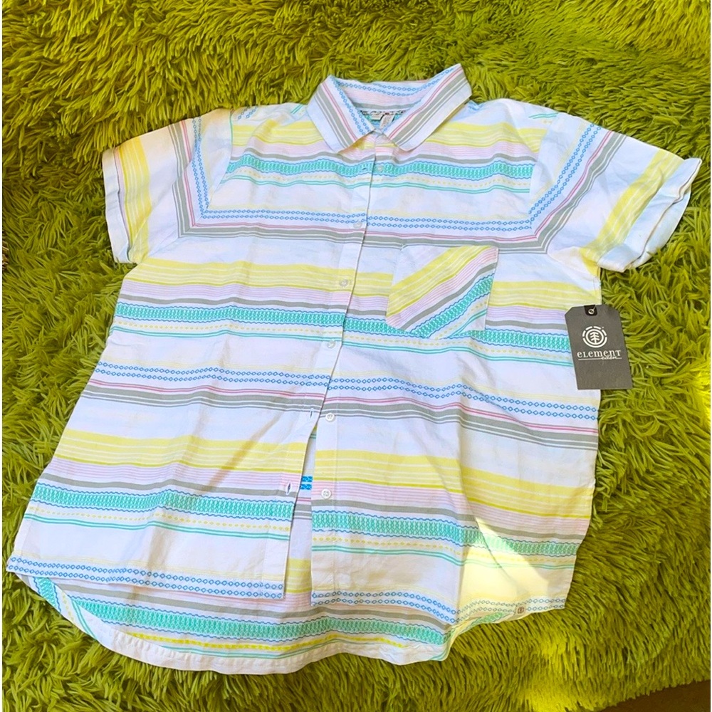 Element Eden Aloe Button Down Short-sleeve Size Med White w/ Colorful Stitching